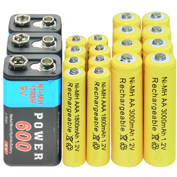 

9V 600mAh + AA 3000mAh + AAA 1800mAh 1.2V NI-MH Rechargeable Battery yellow