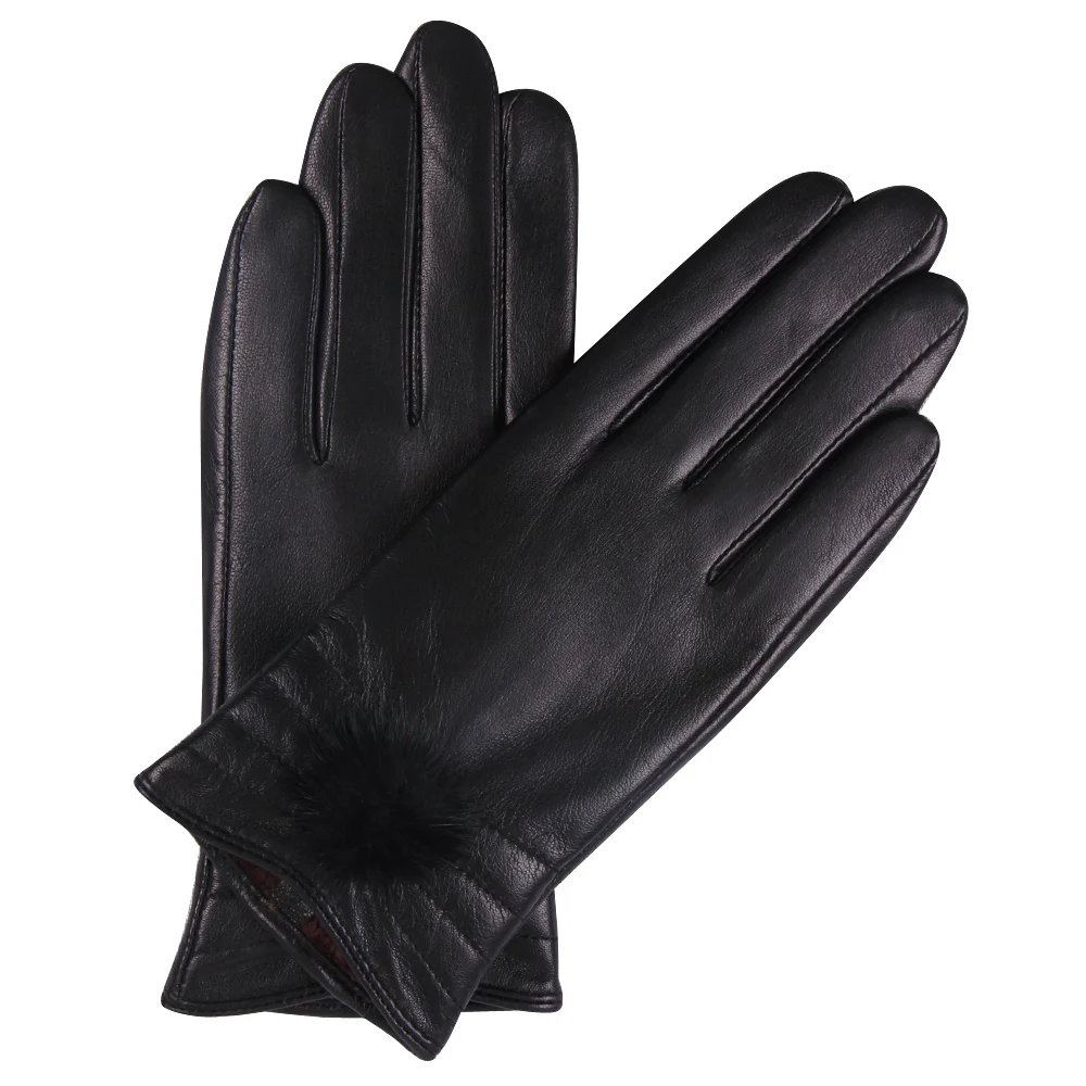 

Leather Gloves Female Autumn Winter Cute Ball Keep Warm Touch Screen Driving Plush Lined Thicken Sheepskin Woman Gloves L18006NC