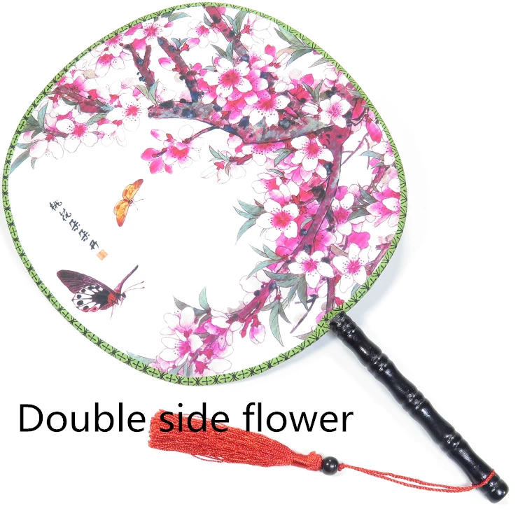 

Double side Flower Vintage Round Hand Fan Handle 3d Print Silk Fabric Fan Traditional Craft Chinese Fan Dance Costume Decorative