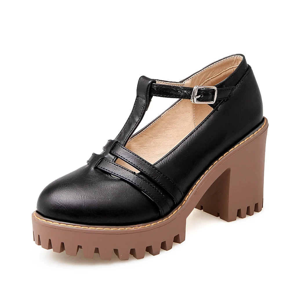 MoonMeek/Модная обувь на платформе в стиле ретро; женские туфли на высоком каблуке с круглым носком и пряжкой; женские туфли-лодочки из мягкой искусственной кожи; большие размеры 34-43 - Цвет: Черный