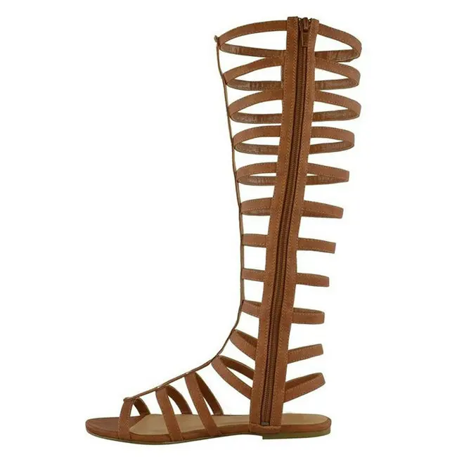 Womens Open Toe Multi Strap Back Zipper Casual Knee High Gladiator Sandals Summer Boots Big EU Size 35-46