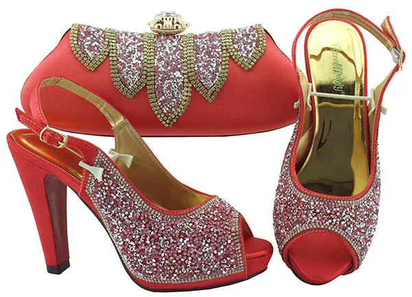

Newest Party Lady Style Gold color African Italian Shoe and Matching Bag Set Decorated With Crystal Career shoes and bags set
