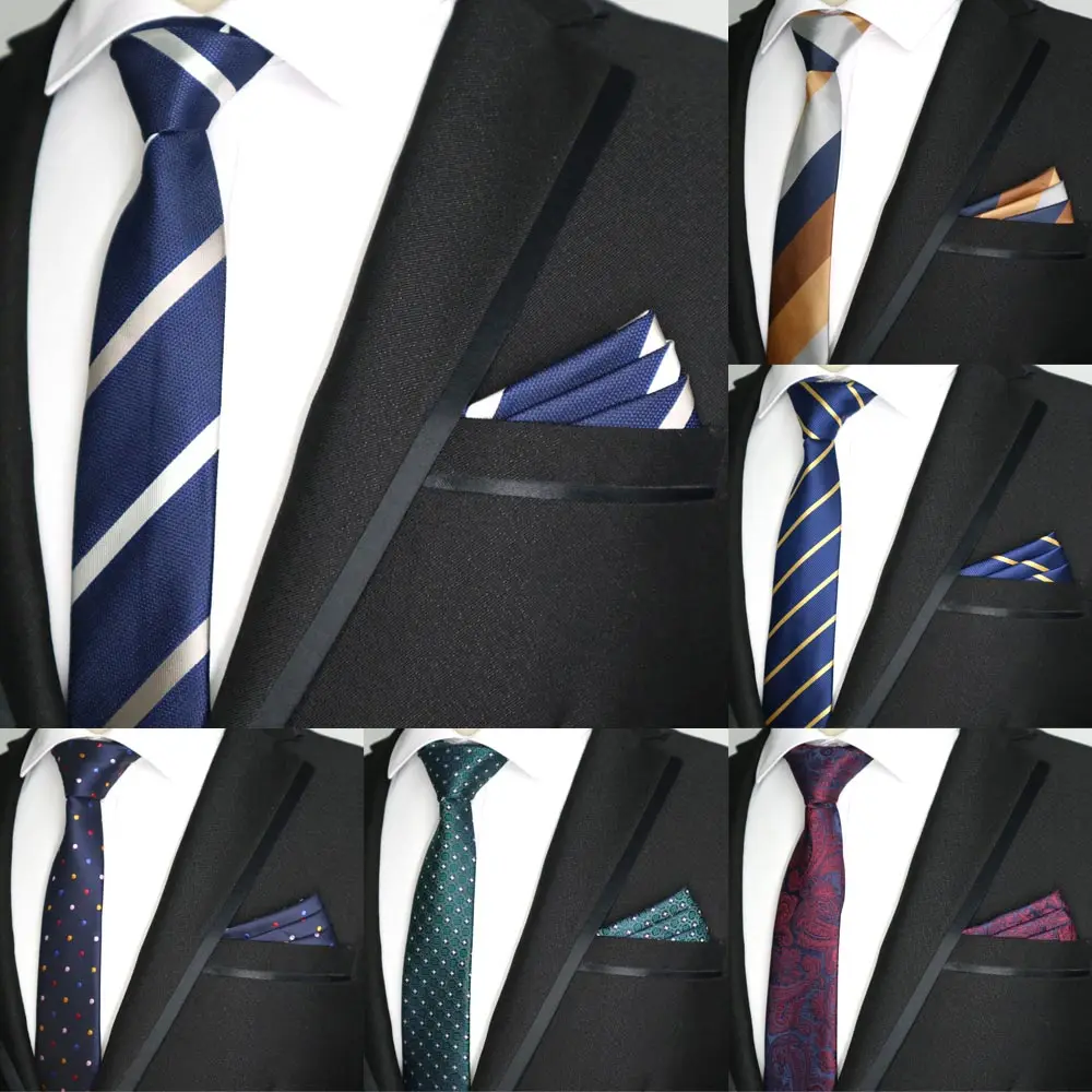 DOOBU NEW 6CM Men Skinny Tie Set Pocket Square Stripes Man Ties Slim