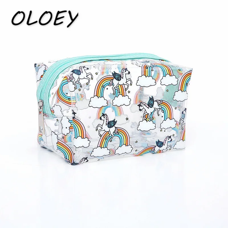 النساء شفافة التجميل حقيبة واضح PVC يونيكورن المكياج حقيبة الثلاثية الأبعاد سستة سفر أدوات الزينة غسل مربع!