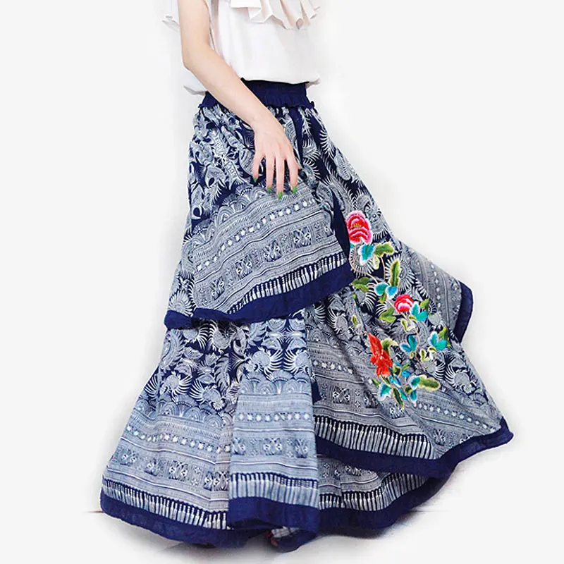 Free Shipping New Fashion Summer Denim All-match Vintage Jeans Long Maxi Skirt Embroidery For Women M-L Two Way to wear