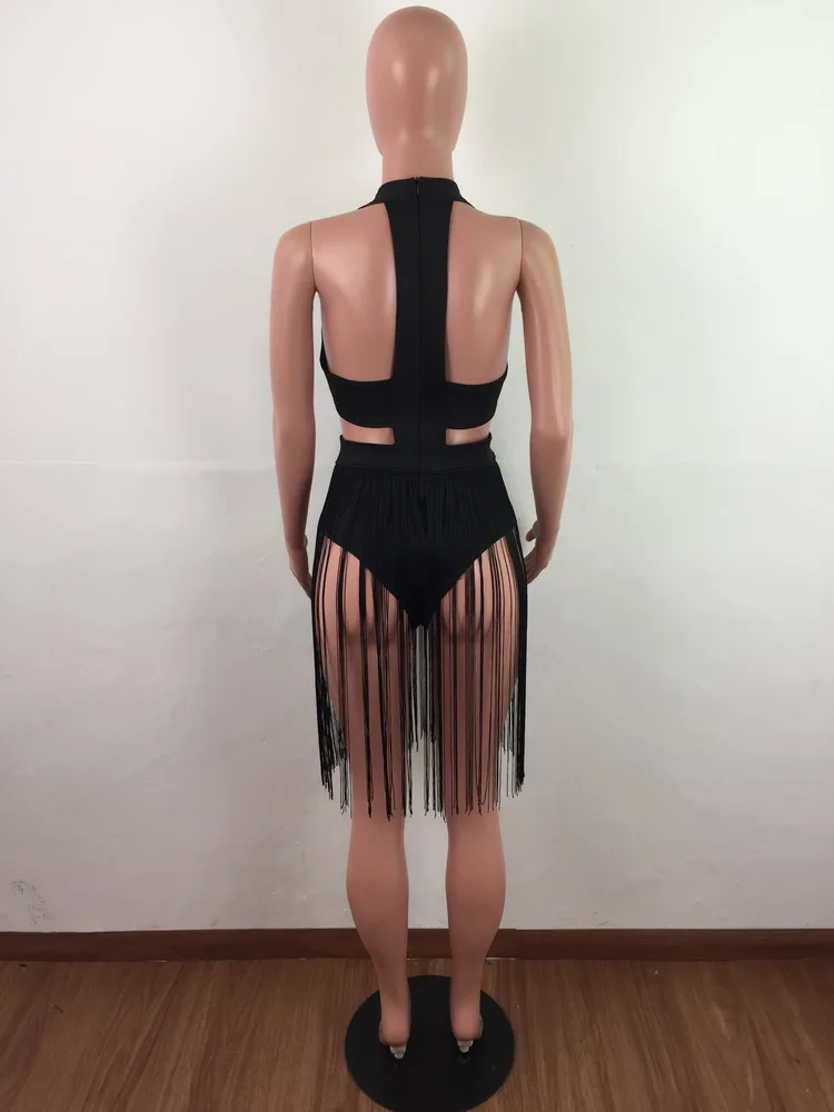 OKAYOASIS сексуальный женский с v-образным вырезом без рукавов Bodycon Tassel Летний комбинезон элегантный полый Повседневный пляжный комбинезон
