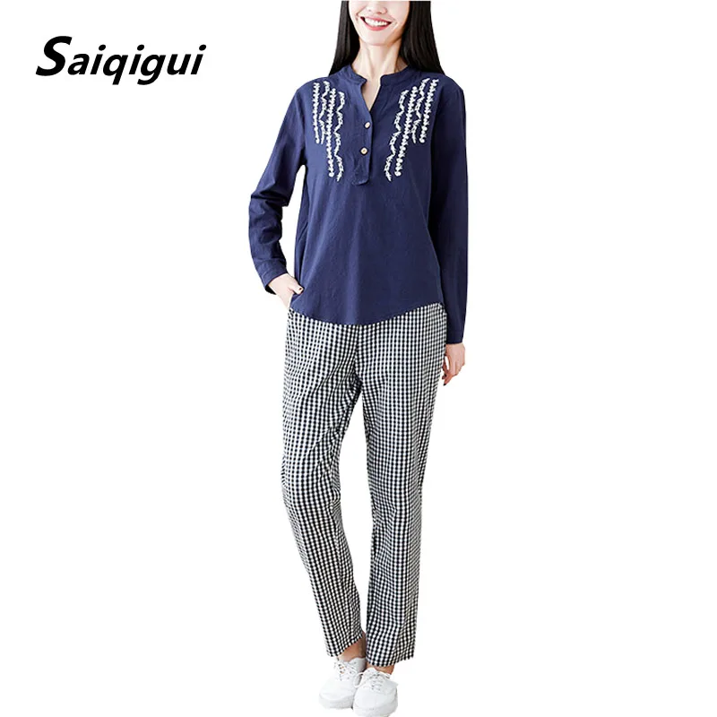 

Saiqigui 2019 spring summer Vintage Women Sets Casual loose Cotton Linen two piece set T-shirt + Pants conjuntos mujer