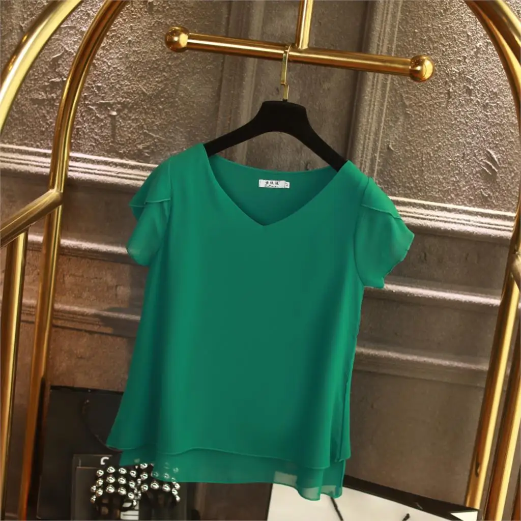 YUANYU Fashion Brand Women Chiffon Shirt 2019 Summer Short sleeve V-neck Blouse Casual 9 Solid color Loose obesity Lady Tops