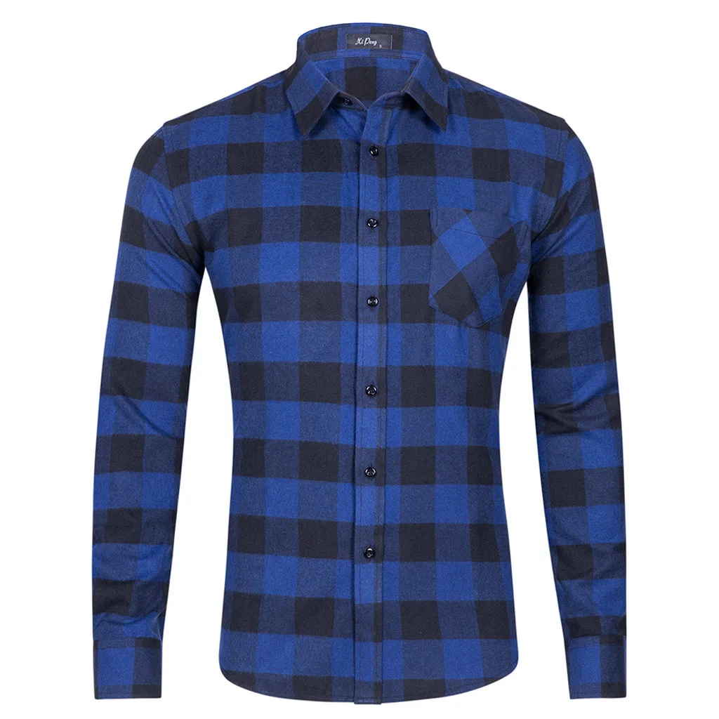 

2019 Men's Casual Fashion Long Sleeve Shirt Single Pocket Plaid Print Shirt Top Autumn and Winter S-2XL Code