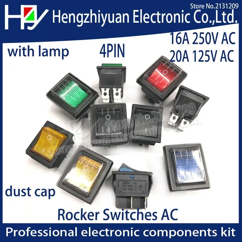 

Latching Rocker Switch Power Switch I/O 4 Pins With Light 16A 250V AC 20A 125V AC KCD4 DPST Red Yellow Green Blue Black Dust cap