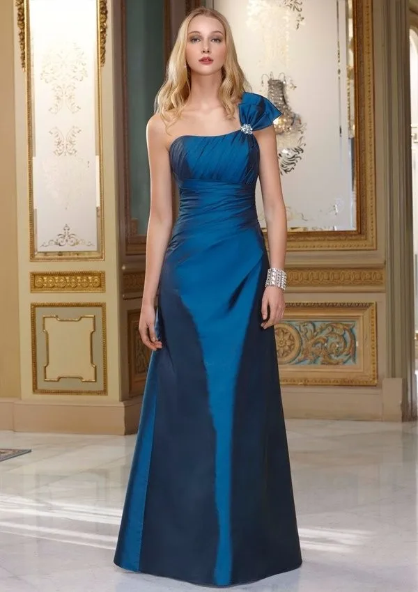 Hot Seller Empire elegant navy blue long One Shoulder Floor Length Sleeveless Beading Tffeta Western Bridesmaid Dresses 1