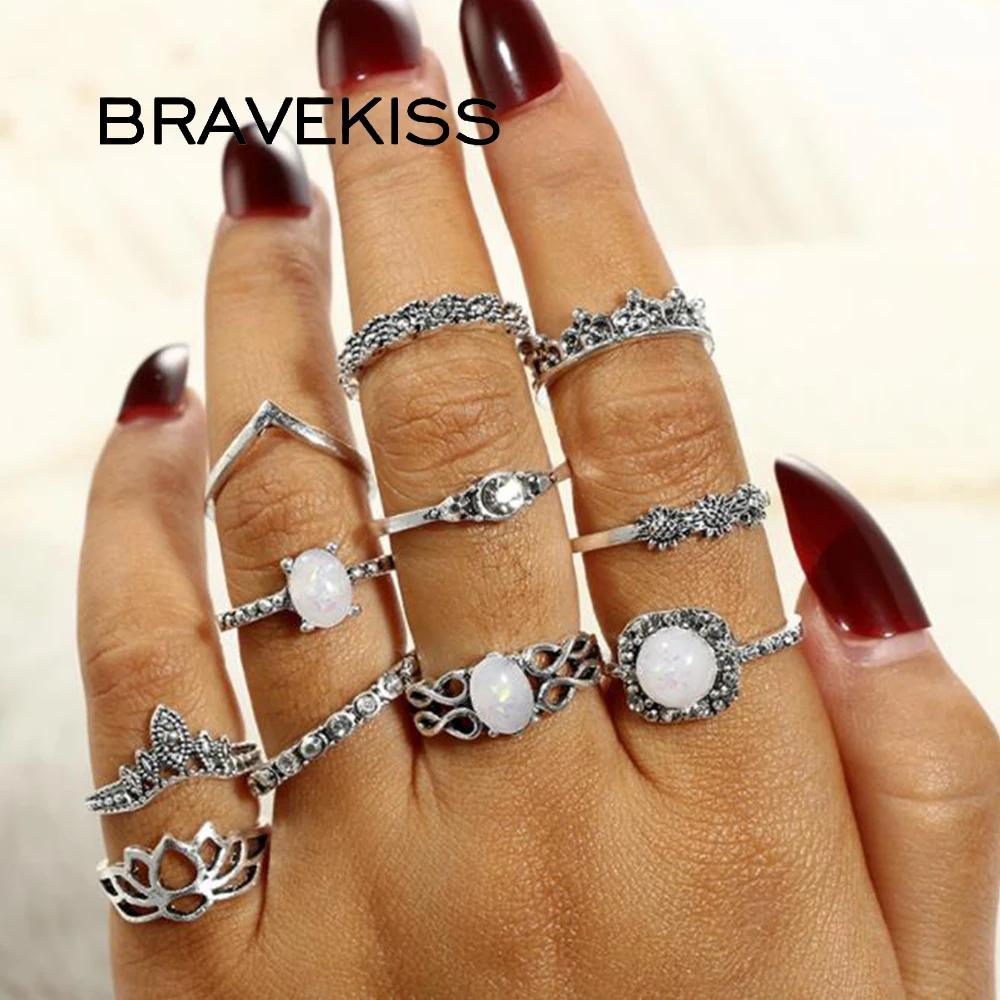 BRAVEKISS Мода Каменные Резные кольцо комплект Щепка корона кольца с лотосом