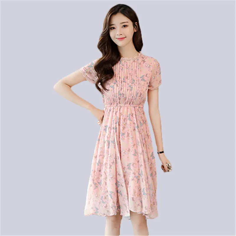 

Fashion Dress Female Summer 2018 New Korean Temperament Ladies Short Sleeve Chiffon Waist Floral Dress For Women A990