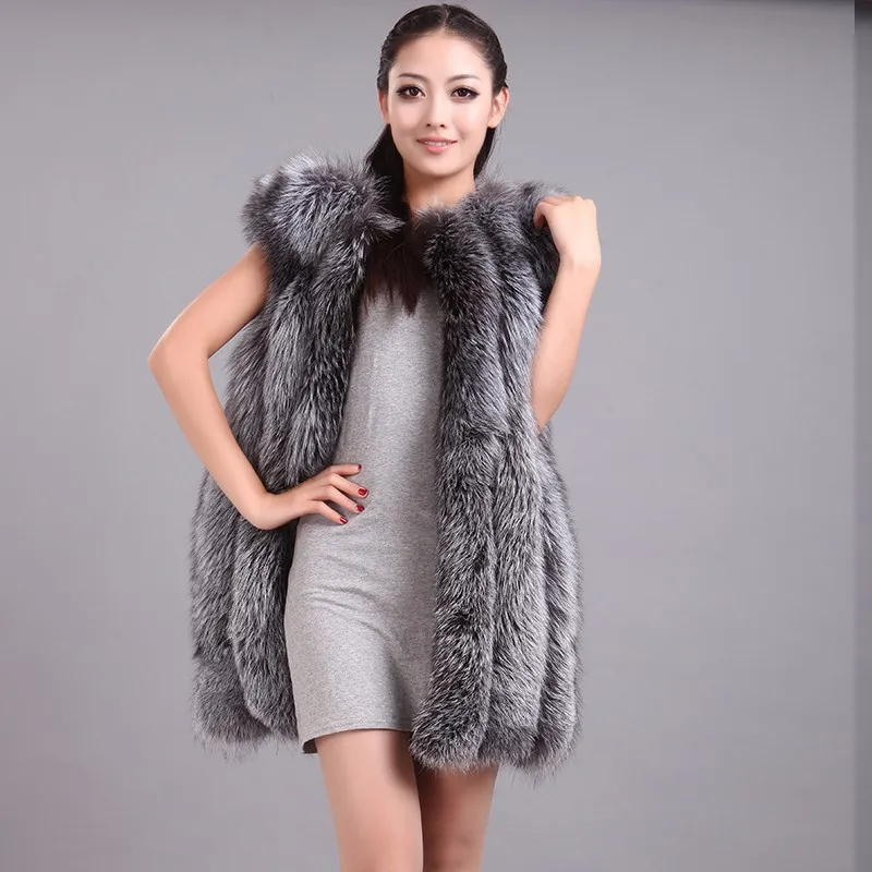 LIYAFUR Women's Real Genuine Full Pelt Silver Fox Fur Long Sleeveless Vest Waistcoat Gilet for Women