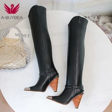 Новые сапоги выше колена; женские сапоги из натуральной кожи с острым носком; элегантные женские сапоги на выпускной; сезон осень-зима; обувь на высоком каблуке; размеры 34-43