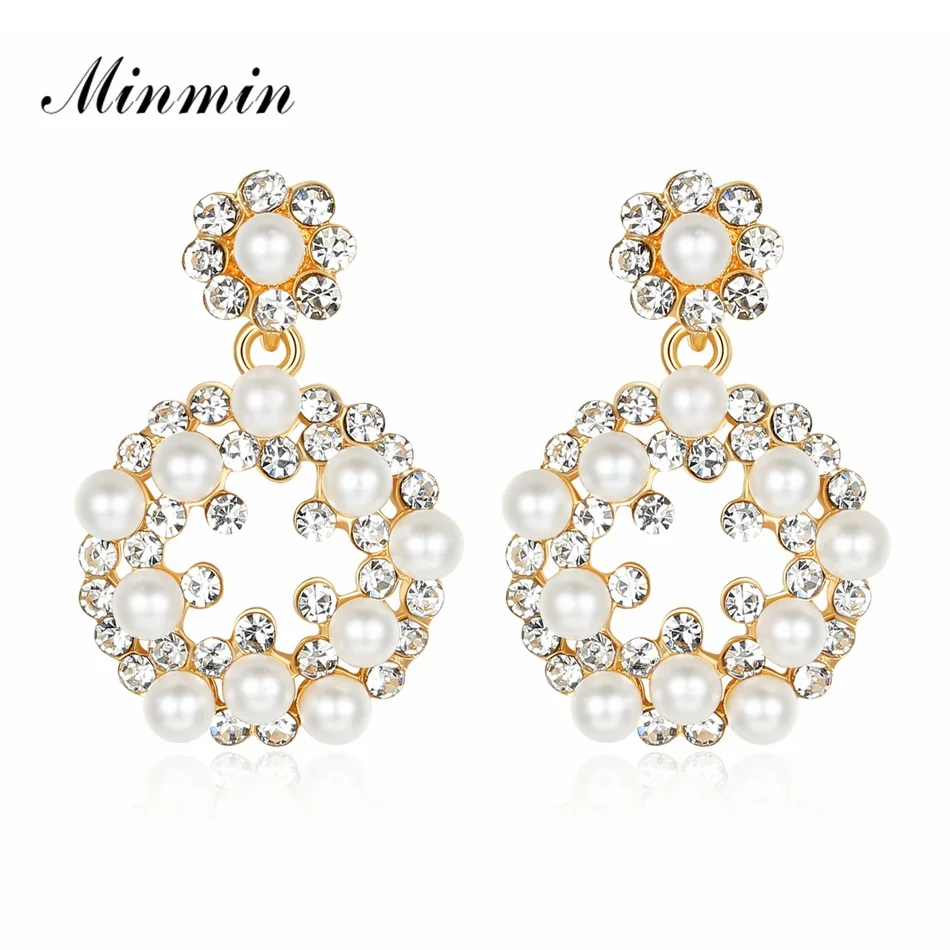 

Minmin Cute Simulated Pearl Drop Earrings for Women Elegant Gold Color Long Rhinestone Earrings Fashion Wedding Jewelry MEH1212