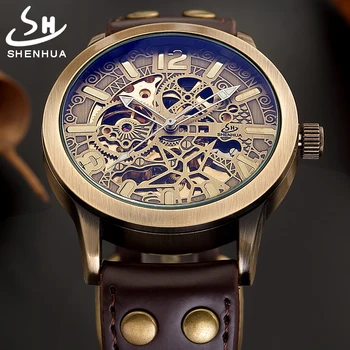 

Golden Watch Top Brand Luxury Mechanical Watches Men Steel Leather Strap Skeleton Dial Fashion Business Wrist Watches Men Clock