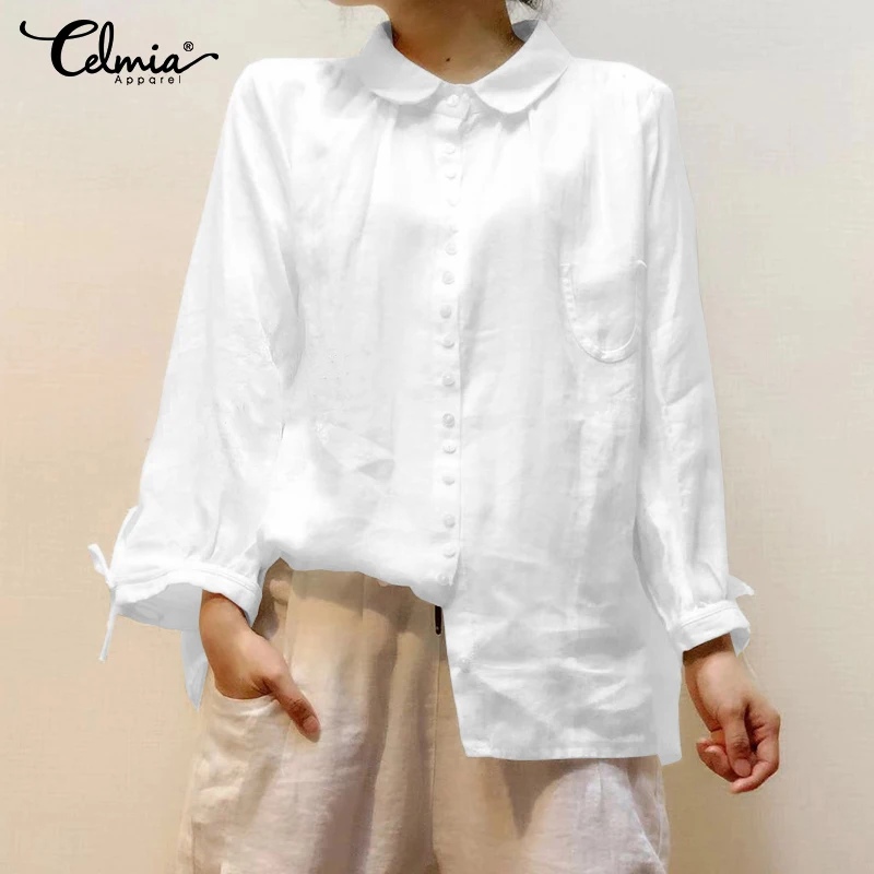 

S-5XL Vintage Women Cotton Blouses Solid Tunic Tops Celmia 2019 Autumn Long Sleeve Shirts Casual Buttons Loose Blusas Femininas