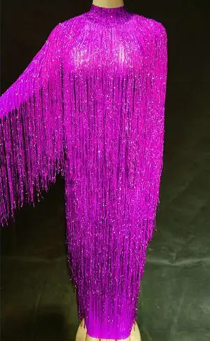 Костюмы для джазовых танцев для леди, бара, диджея, клуба, танцоров, выступлений, сцены, бахрома, кисточки, длинное эластичное платье с кисточками для празднования дня рождения, DJ1033 - Цвет: Purple