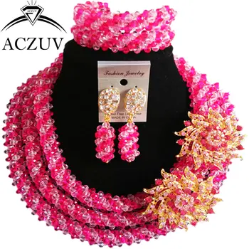 

ACZUV Big Necklace and Earrings Bracelet Hot Pink Pink Crystal African Beads Jewelry Set Nigerian Wedding Accssories A3R019