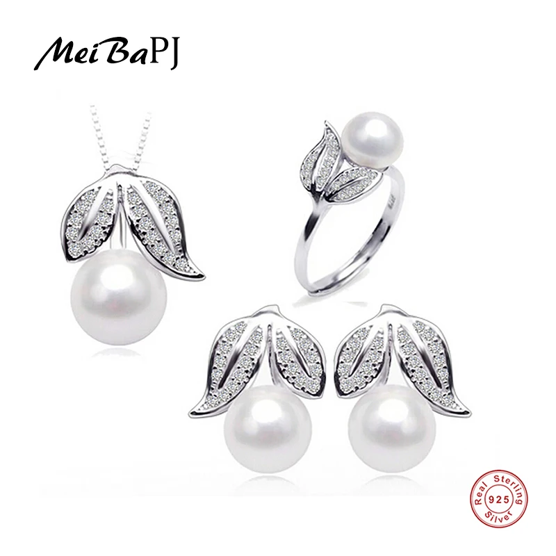 [Meibapj] Удивительные Цена 925 стерлингового серебра настоящий натуральный пресноводный жемчуг комплект ювелирных изделий для женщин