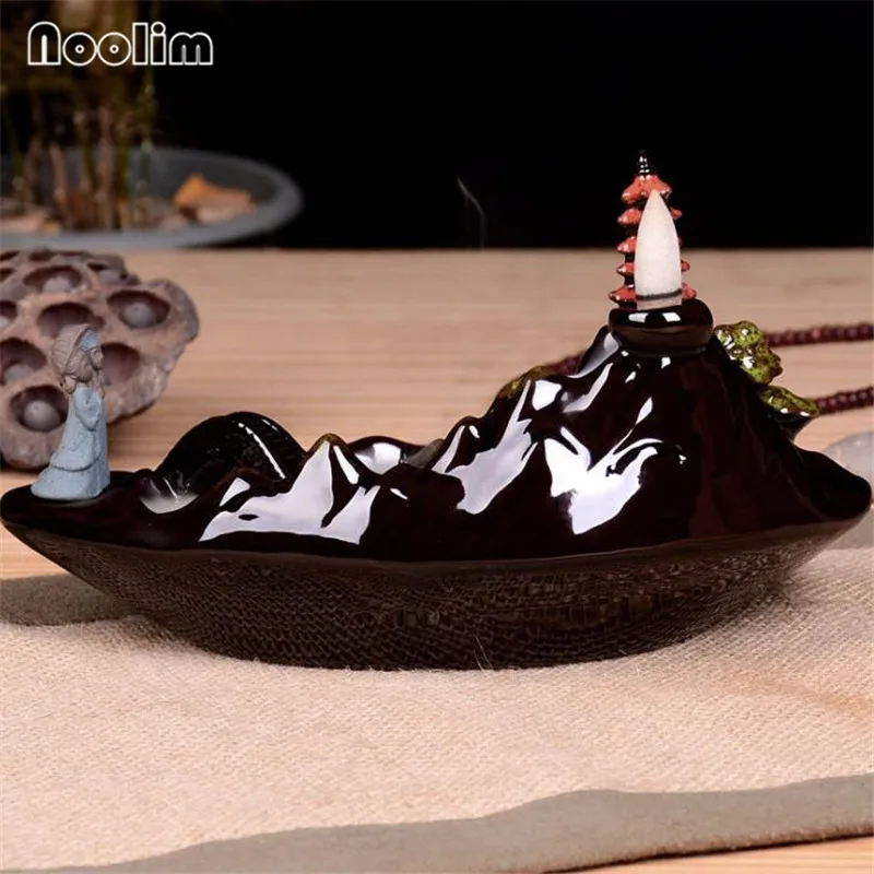 Big Size Mountain River Ceramic Backflow Incense Burner Tabletop Micro Landscape Home Decor Aromatherapy Censer+10Pcs Free Cones