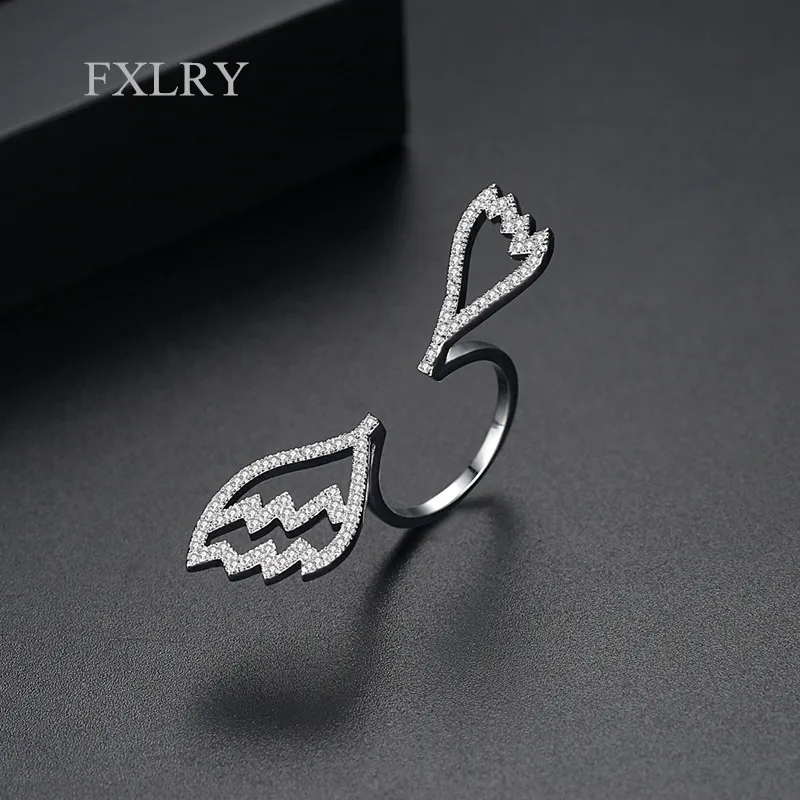 

FXLRY Luxury White Color Micro Inlay Zircon Cute Wing Shaped Adjustable Open Ring for Women Wedding Party Gift