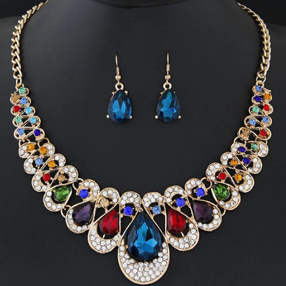 

Fashion Jewelry Necklace Earrings Set Womens Mixed Style Bohemia color Bib Chain Necklace Earrings Bridal Jewelry Sets