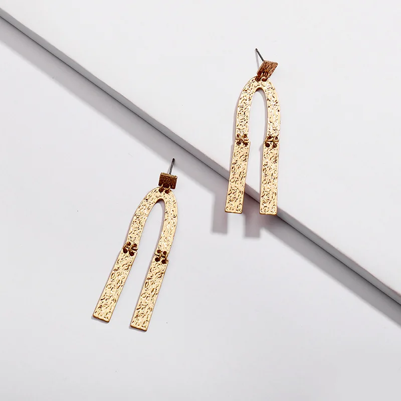 

Fashion Worn Gold Silver Plated Geometric Hammered Alloy Statement Drop Earrings Women