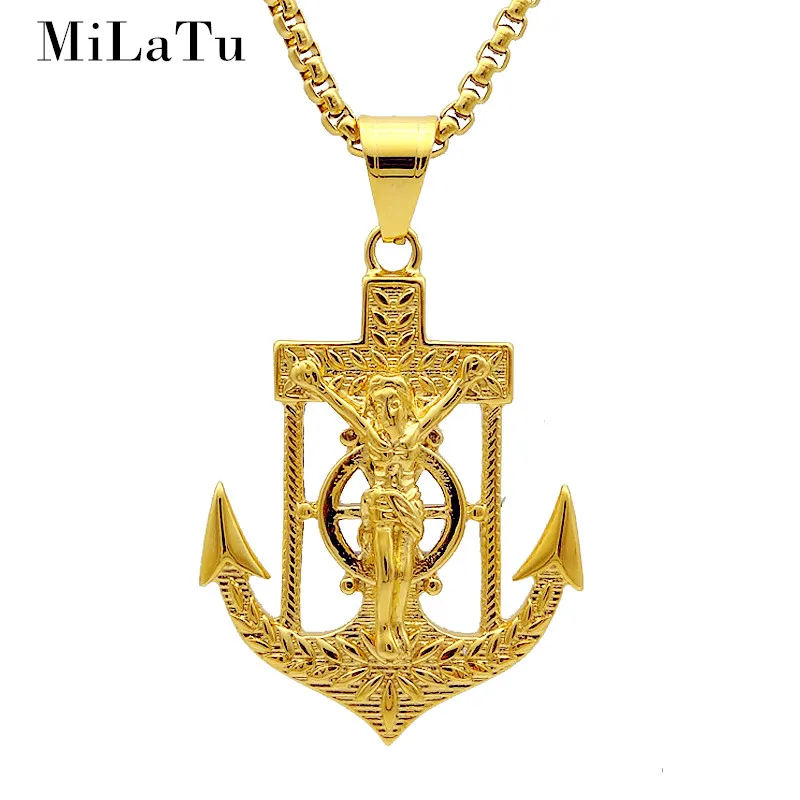 MiLaTu Creative Jesus Anchor Pendant Necklace Gold Color Stainless