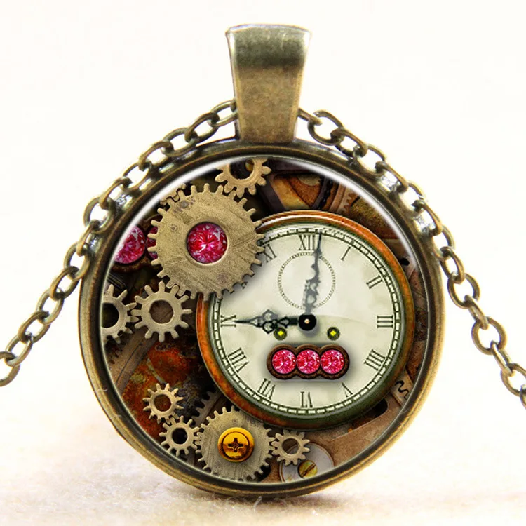 Steampunk necklace metal gear dial pattern antique bronze pendant