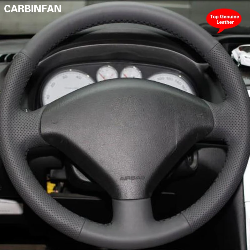 

Black Top Layer Leather Hand-stitched Car Steering Wheel Cover For Peugeot 307