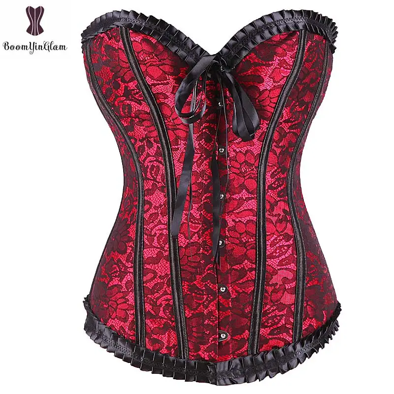 Lace Overlay Overbust Corset Front Buckle Closure Lace Bow Corselet