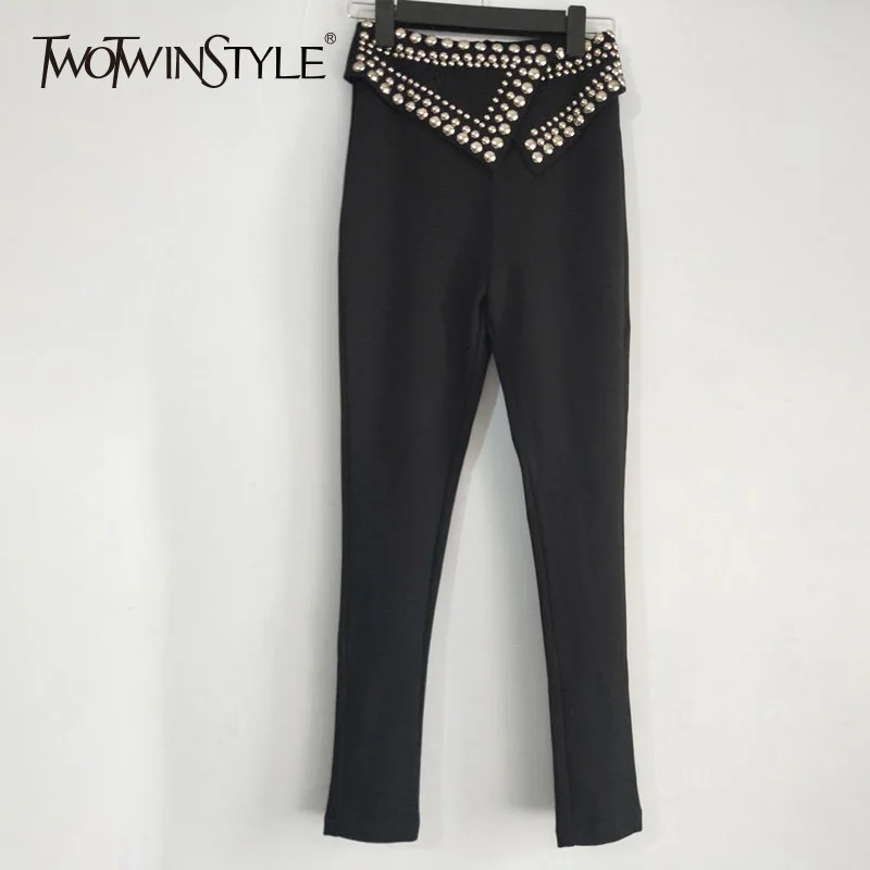 Koop TWOTWINSTYLE Klinknagel Broek Voor Vrouwen Hoge Taille Rits Patchwork Lange Lente Potlood Pant 2018 Mode Grote Size Kleding