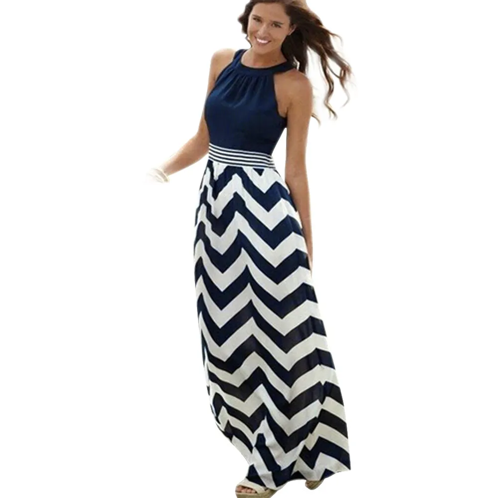 

Women New Sexy Summer Halter Off Shoulder Sleeveless Long Maxi Bohemian Wavy Stripe Evening Party Beach Dress Summmer Sundress