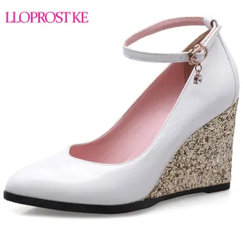 

LLOPROST KE 2018 Pointed Toe Wedges High Heel Woman Pumps Ankle Strap Dating Women Platform Heel Buckle Red Wedding Shoes MY156
