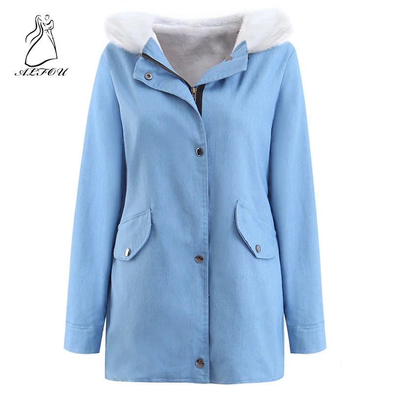 

2019 New Winter Outwear Large Fur Collar Hooded Cotton Jacket Lambskin Long Women's Cotton Coat Large Size Denim Jacket Parka