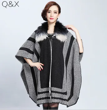 2018 Brand New Style Women Black Cardigan Fashion Autumn Winter Geometric Knit Print Fur Collar Poncho Shawl knitted shawl Cloak new fashion autumn and winter women print tassel knit poncho cardigan female bat sleeve cloak sweater