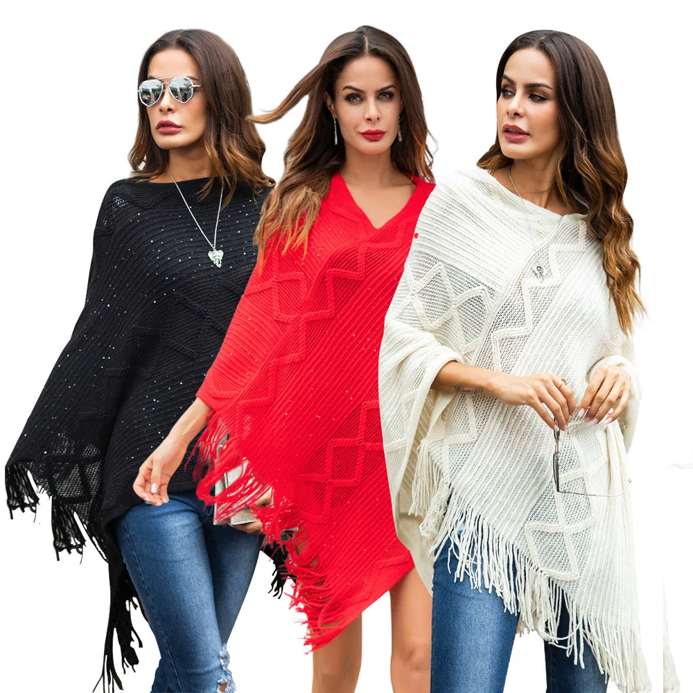 

FEIBUSHI Winter Women Oversized Sweater Ponchos and Capes Knitted Shawls Casual Warm Autumn Tassel Shawl Pull Pullovers Tops