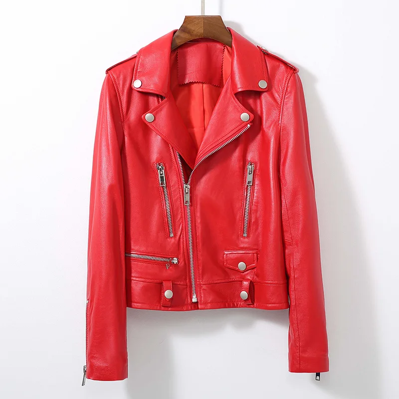 Новая натуральная кожаная куртка, женские топы, осенняя куртка, Женская овечья кожа, черная, розовая, тонкая куртка, Jaqueta Feminina Z640 - Цвет: Красный