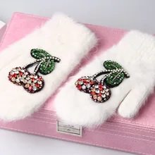 Зимние перчатки Роскошные Кристальные вишни украшения из кроличьего меха перчатки для женщин зимние перчатки варежки для девочек