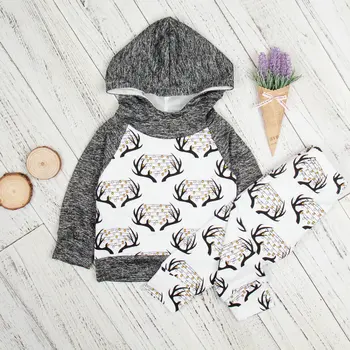 

Baby Boy Clothing Suits Long Sleeve Deer Horn Print Tops+Pants Boys Hooded Outfit Costume Children Christmas Set Toddler Clothes