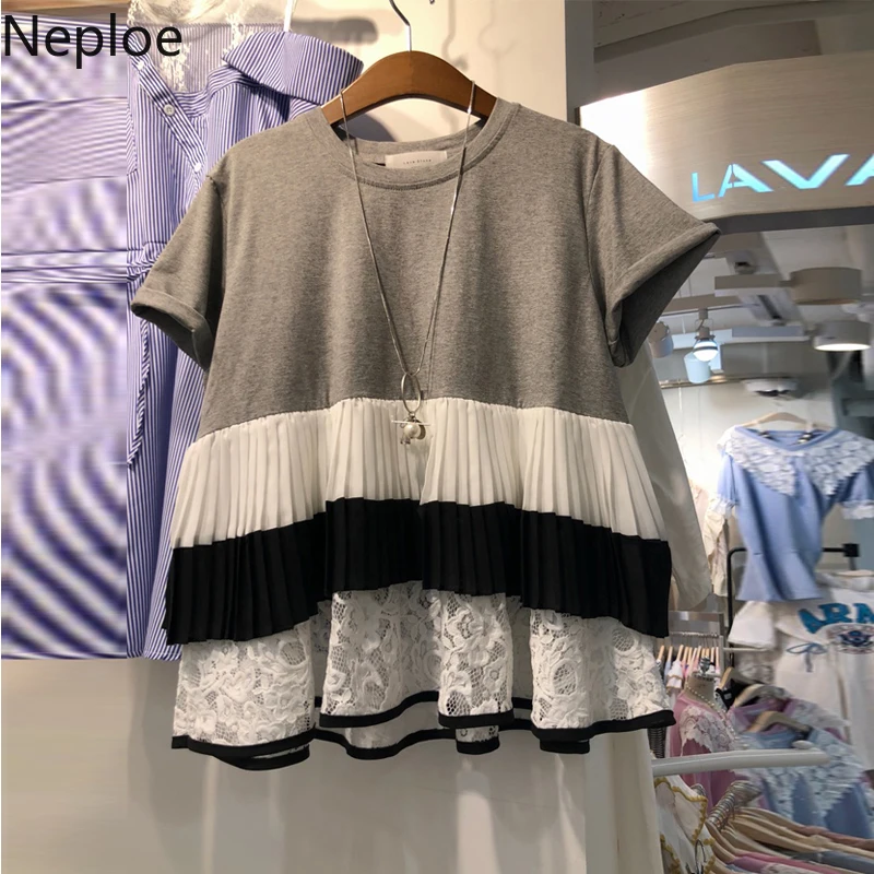 

Neploe Pleated Lace Ruffles Patchwork T Shirt Contrast Color Short Sleeve Top Tees 2019 Summer Korean Women Tee Shirts 52928