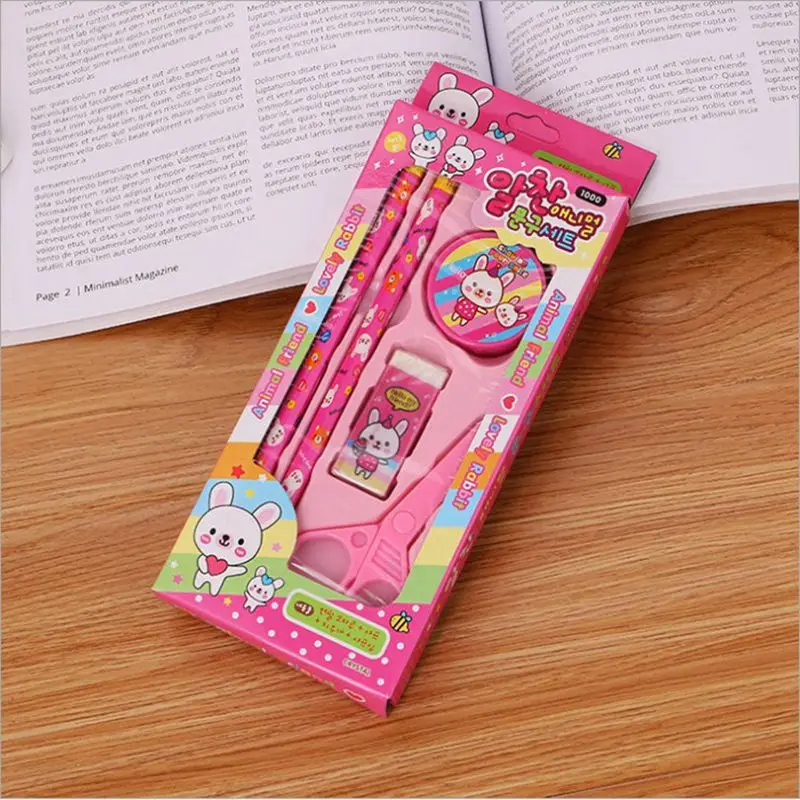 1 Набор, мультипликационный кавайный карандаш, линейка, точилка для ушей, 5 в 1, Канцелярский набор для мальчиков и девочек, детский подарок для школьников - Цвет: 1