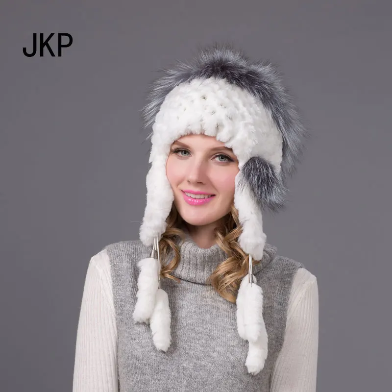 JKP новинка, Лидер продаж, шапочка с меховым помпоном, шапка из натурального меха кролика рекс с мехом серебристой лисы, хорошее качество, меховая модная шапка THY-11