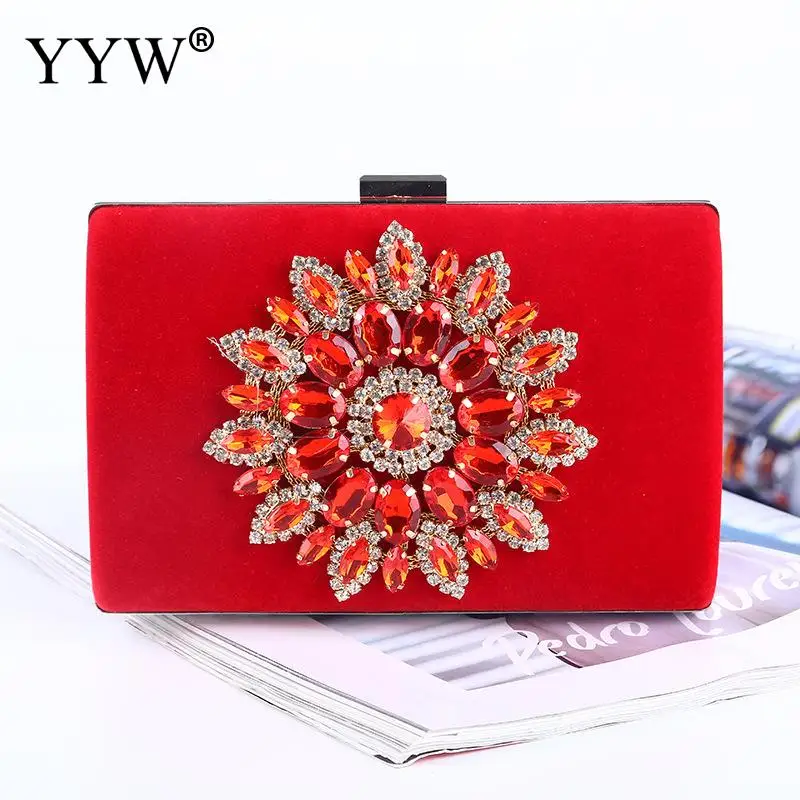 red Red Satin Box Clutch Bag Vintage Flower Handbag And Purse Rectangle Rhinestone Sac Luxury Designer Women Evening Party Clutches - Цвет: red