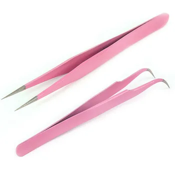 

2Pcs/set Nail Art Rhinestones Straight+Curved Pink Color Tweezers Nipper Tools for Picking Nail