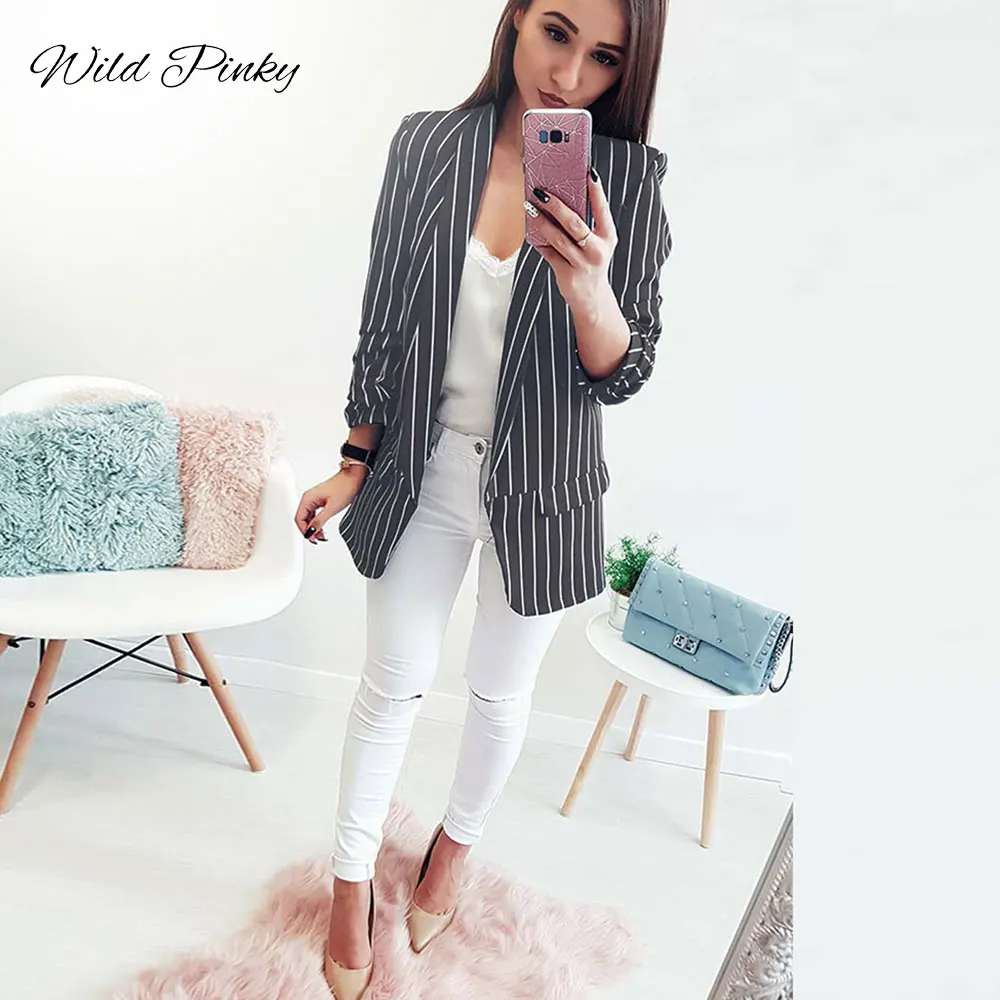 WildPinky Spring Female Blazer Jacket Black White Striped Casual Suit Long Sleeve Women Jacket Blazer Autumn Cardigan Femme WildPinky Spring Female Blazer Jacket Black White Striped Casual Suit Long Sleeve Women Jacket Blazer Autumn Cardigan Femme