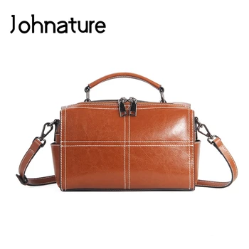

Johnature 2020 New Elegant Fashion Genuine Leather Women Handbags Vintage Solid Sewing Cowhide Lady Shoulder & Crossbody Bags