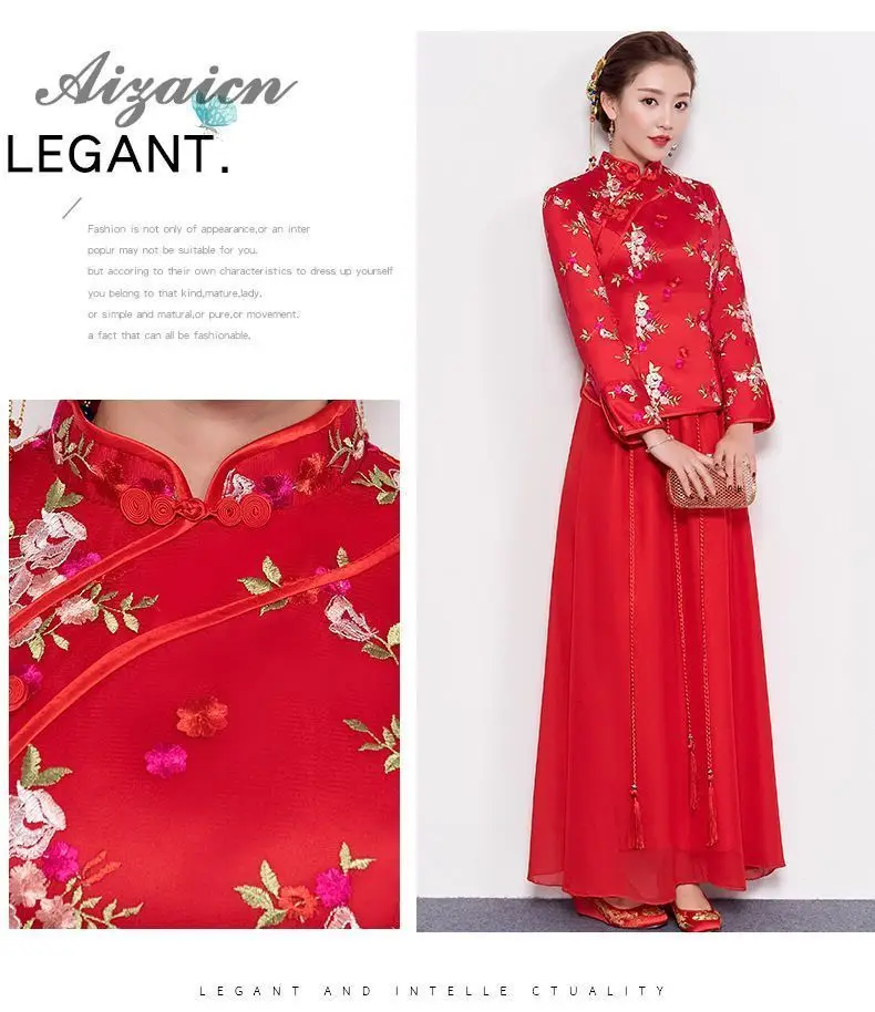 Rojo de novia estilo chino vestido de novia Cheongsam манга larga bordado Qipao vestido tradicional bata Chinoise 2019